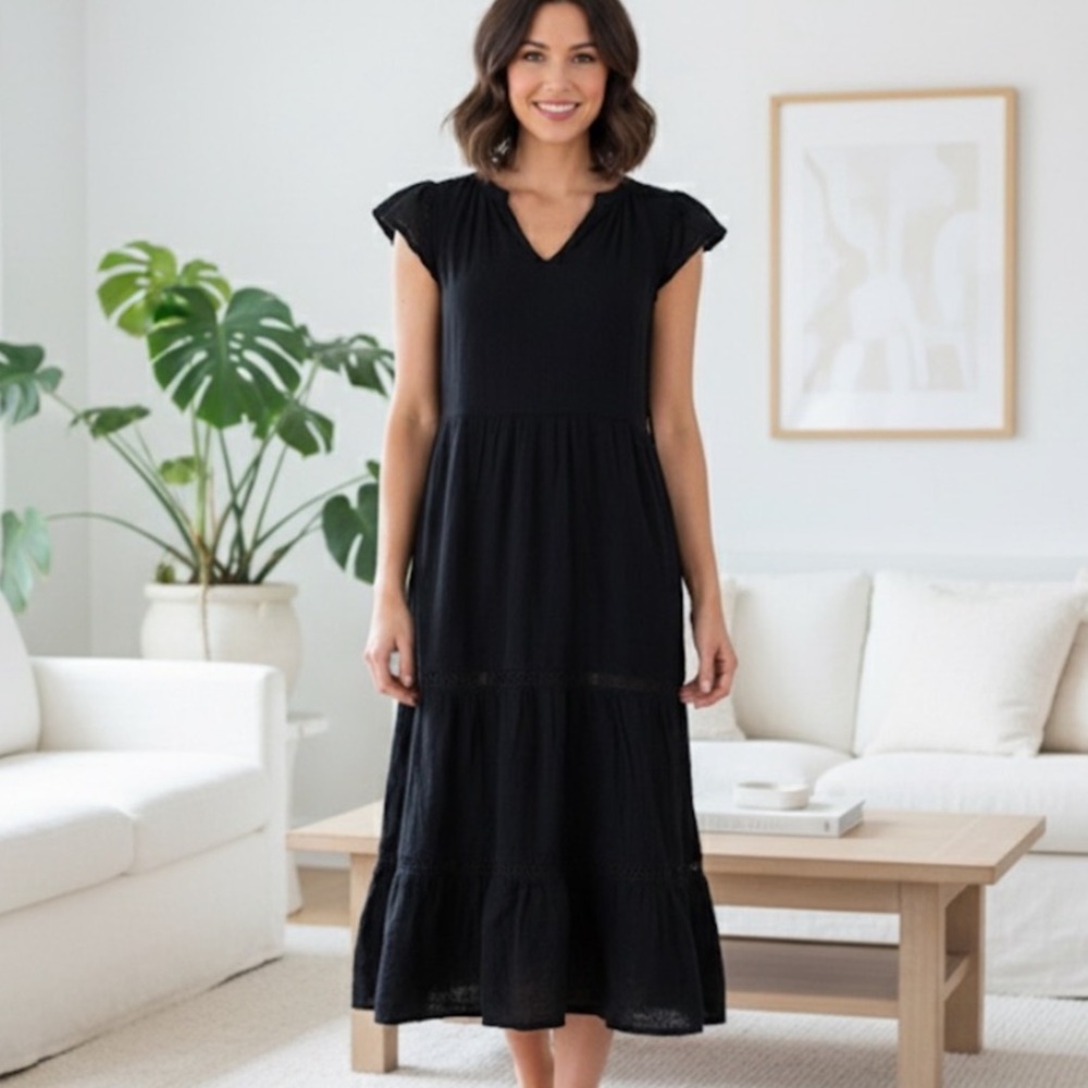 ❤ Catherine Malandrino Organic Cotton Black Tiered Cap Sleeve Midi Dress XS